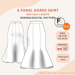 Puede incluir: Un patrón de costura digital para una falda de 6 paneles, largo a media pantorrilla. El diseño se muestra en un dibujo lineal, con tallas UK 8-28 y EU 34-54 disponibles. Los formatos incluyen PDF y DXF. El logotipo de Etsy es visible.
