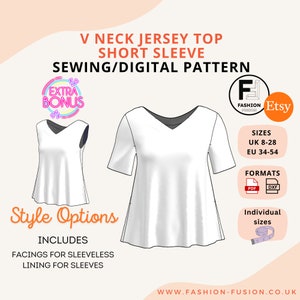 V Neck Jersey Short Sleeve Sewing Pattern - Women&#39;s Top Size UK 8-28/EU 34-54/US 4 -24 - Instant PDf A4 + A0 & DXf downloads + instructions