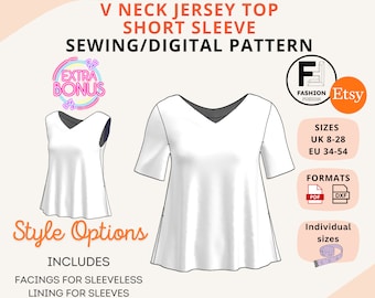 V Neck Jersey Short Sleeve Sewing Pattern - Women&#39;s Top Size UK 8-28/EU 34-54/US 4 -24 - Instant PDf A4 + A0 & DXf downloads + instructions