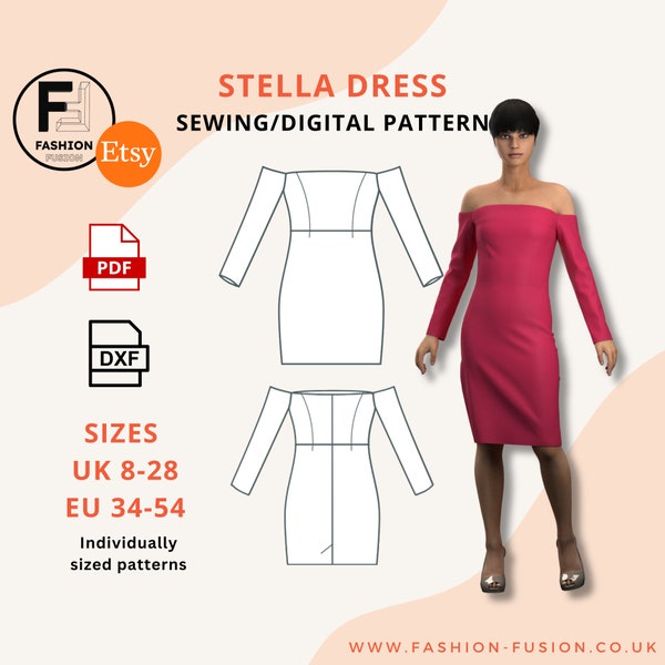 Stella Dress, Off-Shoulder Pencil Dress, Instant Downloadable Patterns, Printable PDF A4+A0 & DXF, Size UK-8-28 Eu-34-54, + Instructions