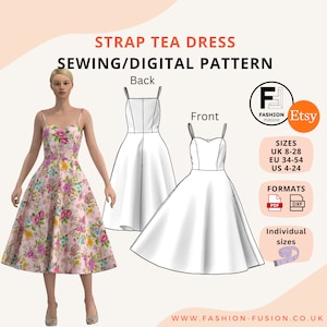 Strap Tea Length Summer Dress - Women&#39;s Sewing Pattern - Size UK 8-28 EU 34-54 US 4-24 - Instant PDf A4 + A0 & DXf files + instructions