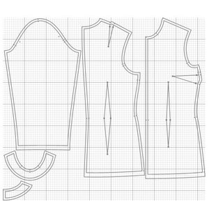 May include: A black and white line drawing of a sewing pattern for a sleeveless top with a curved neckline. The pattern is on a gridded background.
