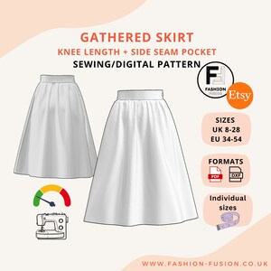 Puede incluir: Un patrón de costura digital para una falda plisada hasta la rodilla con un bolsillo lateral. El patrón está disponible en las tallas UK 8-28 y EU 34-54, y en los formatos PDF y DXF.