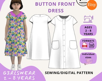 Girls Button Front Dress - Age 2 - 8 Years - Instant PDF A4 + A0 & DXF Sewing Download Patterns + Instructions - School - Party