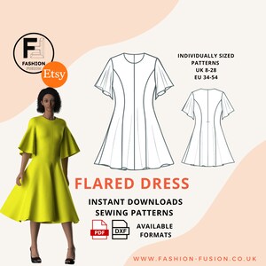 May include: A digital sewing pattern for a flared dress with short, wide sleeves. The pattern is available in PDF and DXF formats. The pattern is for sizes UK 8-28 and EU 34-54.