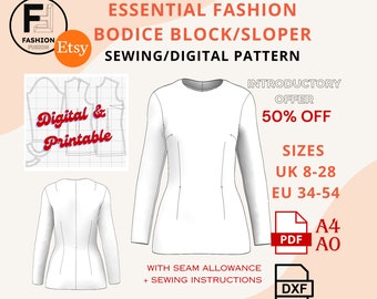 Basic Bodice Block/Sloper, Printable PDF A4 & A0 Essential Fashion Foundation, Versatile Blocks for Pattern Drafting, Sizes UK 8-28 EU 34-54