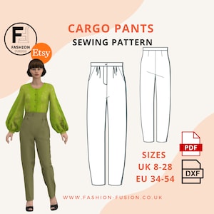 Cargo Pants Sewing Pattern - Sizes UK 8-28/EU 34-54, Instant download of DXF + Printable A4 + A0 size Pdf patterns, sewing instructions incl