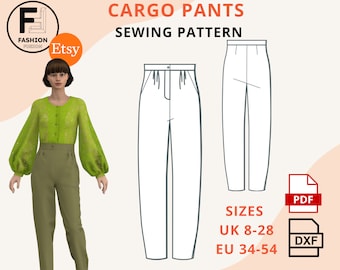 Puede incluir: Un patrón de costura para pantalones cargo. El patrón incluye instrucciones para las tallas UK 8-28 y EU 34-54. El patrón está disponible en formatos PDF y DXF. La imagen también muestra a una mujer usando un pantalón cargo verde.