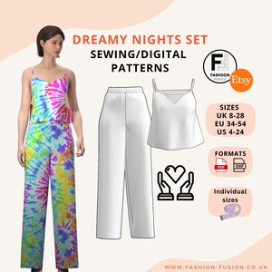 May include: A digital sewing pattern set for a dreamy nights set, featuring a white tank top and wide-leg pants. The pattern is available in sizes UK 8-28, EU 34-54, US 4-24, and in PDF and DXF formats. Individual sizes are available. The pattern is sold by Fashion Fusion.
