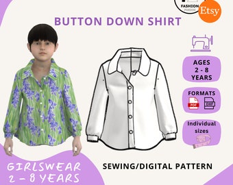 Chemise boutonnée pour fille - 2-8 ans - PDF instantanés A4 + A0 et patrons de couture DXF + instructions - Agrafe indispensable pour la garde-robe des filles