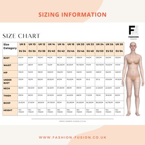 May include: A size chart for clothing with measurements in centimeters for bust, waist, hip, under bust, neck, thigh, bicep, and height. The chart includes UK and EU sizes from 8 to 28.