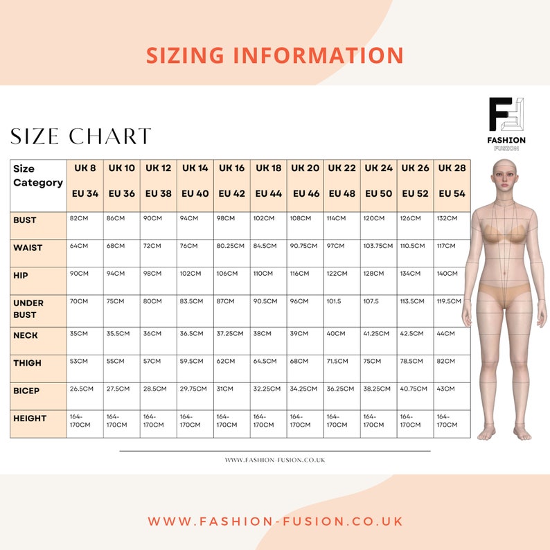 May include: A size chart for clothing with measurements in centimeters for bust, waist, hip, under bust, neck, thigh, bicep, and height. The chart includes UK and EU sizes from 8 to 28.