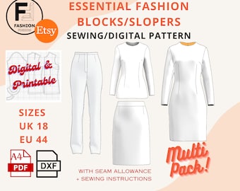 Essential Basic Block/Sloper Package/Size UK 18 EU 44/ Bodice, Dress, Skirt & Trouser Sewing Patterns. Fashion School Essential/DXF + Pdf A4