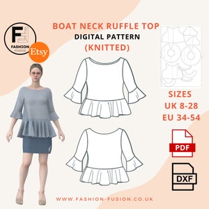 Boat Neck Ruffle Women Top, Instant Downloadable Sewing Pattern, Sizes UK 8 - 22 - EU 34 - 48, A0 +A4 pdf + DXF Pattern Files