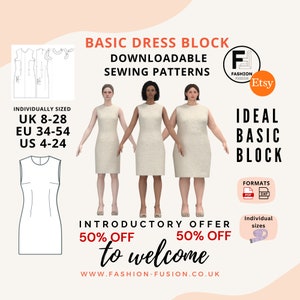 Bloco de vestido feminino essencial, Baixar molde de costura, Inclui DXF, PDF A4 + A0, 50% de oferta introdutória, Tamanhos Reino Unido 8-28 UE 34-54 EUA 4-24