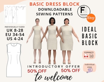 Essential Women's Dress Block, Download Sewing Pattern, Includes DXF, PDF A4 + A0, 50% Introductory Offer, Sizes UK 8-28 Eu 34-54 Us 4-24