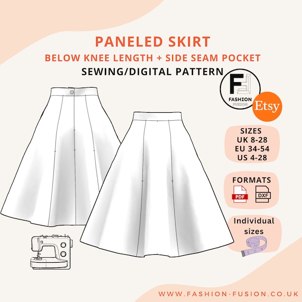 Below Knee Paneled Skirt with side seam pockets, Sewing Pattern, Size UK 8-28 EU 34-54 Us 4-28, PDF A4 + A0 & Dxf downloads + instruction