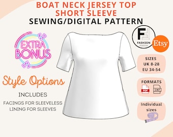 Boat Neck Jersey Short Sleeve Top - Women&#39;s Pattern Size UK 8-28 EU 34-54 - Instant PDF A4 + A0 & DXf downloads + sewing instructions