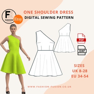 May include: A digital sewing pattern for a one-shoulder dress. The pattern includes sizes UK 8-28 and EU 34-54. The pattern is available in PDF and DXF formats.  The image shows a line drawing of the dress and a model wearing a green version of the dress.
