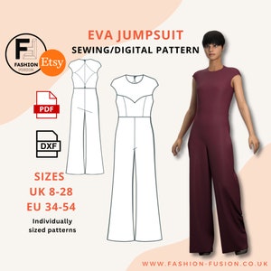 Eva Jumpsuit, Cut out Back S/Sleeve Sewing pattern, Individually Sized UK 8-28 EU 34-54, Instant downloadable DXF and Printable Pdf A4 + A0