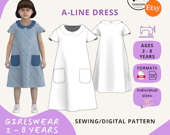 A-Linien-Kleid für Mädchen mit Kragen und Taschen – Mädchen im Alter von 2–8 Jahren – Schnittmuster + Anleitung zum sofortigen Herunterladen im PDF-Format A4 + A0 und DXF