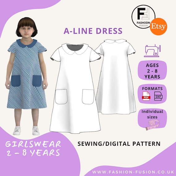 Girls A-line Dress With Collar and Pockets - Girls Age 2 - 8 Years - Instant PDF A4 + A0 & DXF Sewing Download Patterns + Instructions - Etsy Girls A-line Dress With Collar and Pockets - Girls Age 2 - 8 Years - Instant PDF A4 + A0 & DXF Sewing Download Patterns + Instructions - Etsy