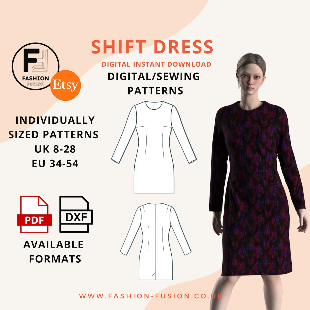 Shift Dress With Long Sleeve, Women's Sizes UK 8-28 EU 34-54 Us 4