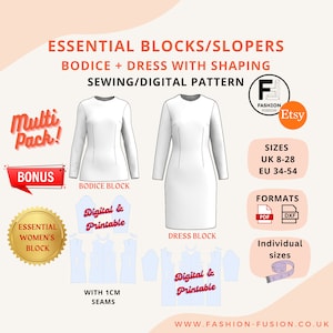 May include: A digital sewing pattern for a bodice and dress with shaping. The pattern includes a multi-pack bonus, essential women's block, digital and printable formats, and sizes UK 8-28, EU 34-54. The pattern is available in PDF and DXF formats.