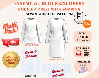 Women's Bodice and Dress Block/Sloper Multi Buy Package, Pattern Drafting Essential, Sizes UK 8-28 EU 34-54 + Seam Allowance + instructions