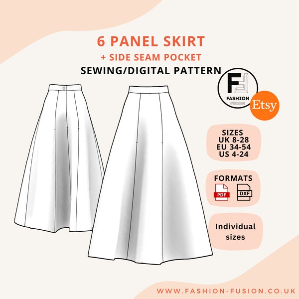 6 Panel Full Length Skirt sewing pattern, Sizes UK 8-28/EU 34-54/US 4-24, Instant PDf A4 + A0 & DXf downloads, clear instructions + sizing