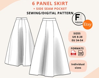 6 Panel Full Length Skirt sewing pattern, Sizes UK 8-28 EU 34-54, Instant PDF A4 + A0 & DXf downloads, clear instructions + sizing info