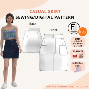May include: A digital sewing pattern for a casual skirt. The pattern includes sizes UK 8-28, EU 34-54, and US 4-24. The pattern is available in PDF and DXF formats. The image shows a white line drawing of the skirt front and back.
