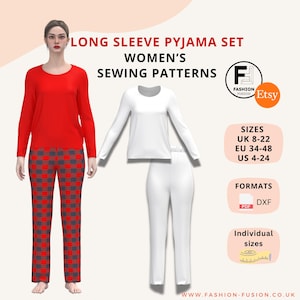 May include: A sewing pattern for a long-sleeved pyjama set. The pattern includes sizes UK 8-22, EU 34-48, and US 4-24. The pattern is available in PDF and DXF formats. The image shows a white pyjama top and trousers, and a red top with plaid trousers.