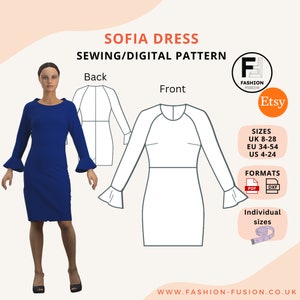 May include: A digital sewing pattern for a Sofia dress. The pattern includes a front and back view of the dress, which has long sleeves and a fitted silhouette. The pattern is available in sizes UK 8-28, EU 34-54, and US 4-24. The pattern is available in PDF and DXF formats.