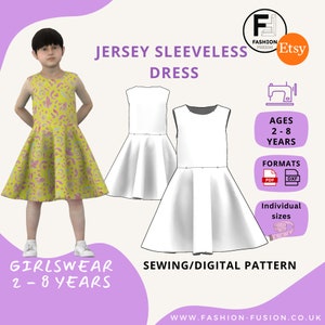 May include: A digital sewing pattern for a sleeveless jersey dress for girls ages 2-8 years. The pattern is available in PDF and DXF formats and includes individual sizes.