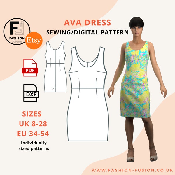 Ava Dress, Pencil Dress Sewing Pattern, Easy Sewing Project, Instant Downloads, PDF A4+A0 & DXF, Sizes UK 8-28 Eu 34-54, + Instructions