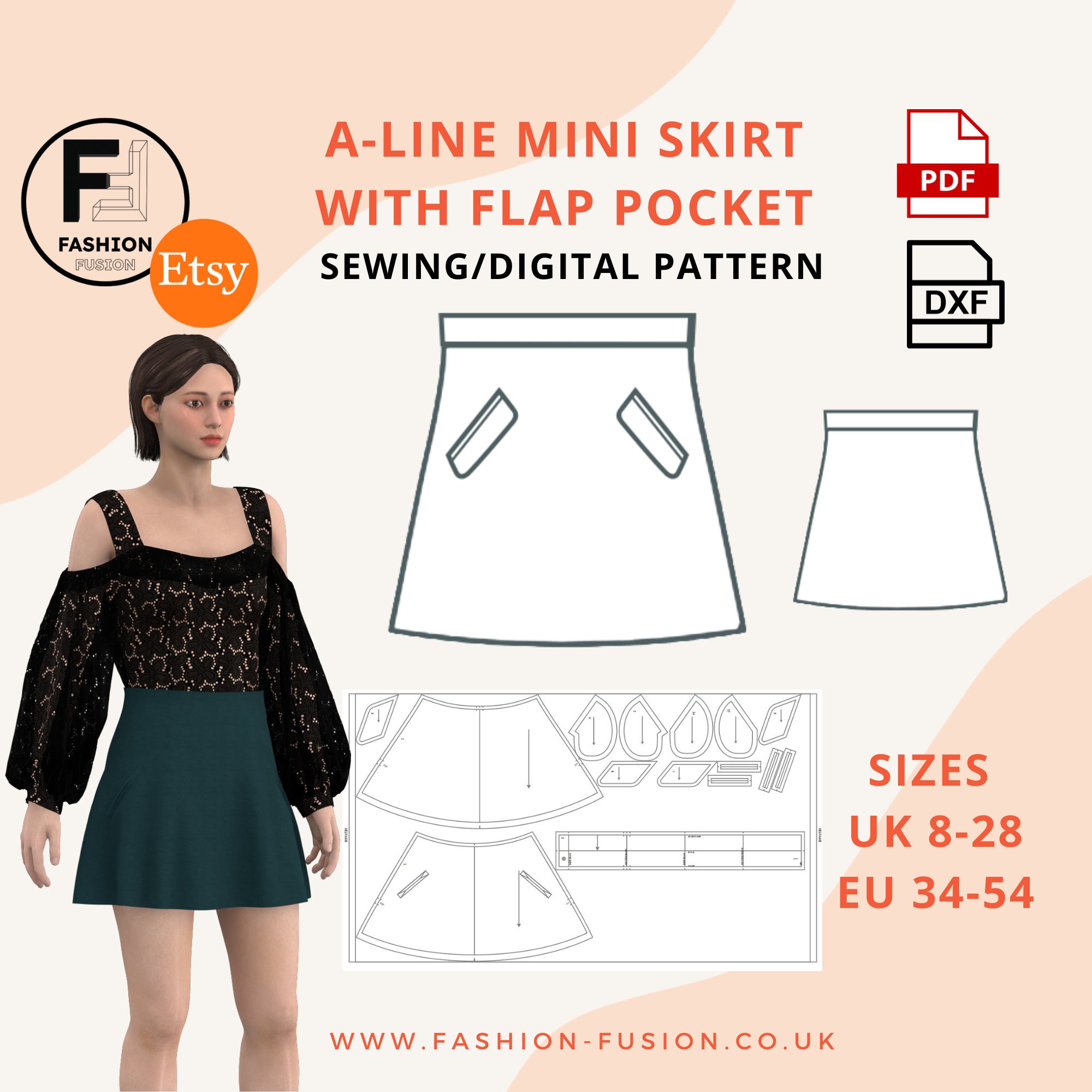 A-line Mini Skirt, Women's DXF & PDF A0 + A4 Sewing Patterns A-line Mini Skirt, Women's DXF & PDF A0 + A4 Sewing Patterns