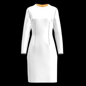May include: A white long-sleeved dress with a round neckline.