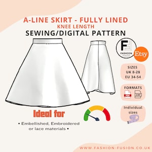 A-Line Knee Length Skirt Pattern - Fully Lined - Size UK 8-28 EU 34-54 - Instant PDF A4 + A0 & DXf downloads + size + sewing instructions