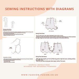 May include: Sewing instructions with diagrams for a pair of pants. The diagrams show how to sew darts, the crotch seam, and the side seams. The text includes instructions for each step.