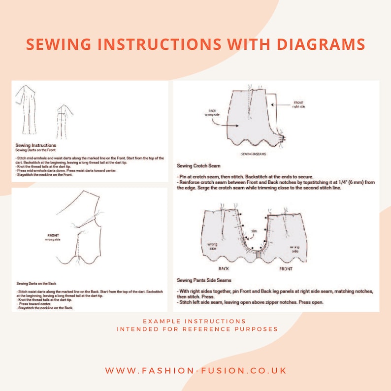 May include: Sewing instructions with diagrams for a pair of pants. The diagrams show how to sew darts, the crotch seam, and the side seams. The text includes instructions for each step.