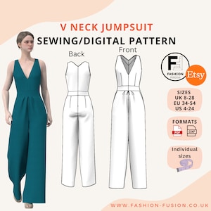 Peut inclure: Patron de couture numérique pour une combinaison à col en V. Le patron comprend des instructions pour les pièces avant et arrière. Le patron est disponible dans les tailles UK 8-28, EU 34-54 et US 4-24. Le patron est disponible aux formats PDF et DXF.
