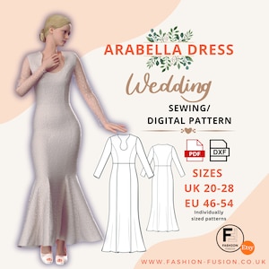 Puede incluir: Un patrón de costura digital para un vestido de novia llamado Arabella Dress. El patrón está disponible en las tallas UK 20-28 y EU 46-54. El patrón está disponible en los formatos PDF y DXF. La imagen muestra a una mujer usando el vestido y un dibujo de línea del patrón del vestido.