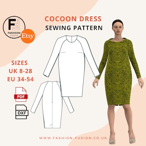 May include: A sewing pattern for a cocoon dress in sizes UK 8-28 and EU 34-54. The pattern is available in PDF and DXF formats. The image shows a white line drawing of the dress and a model wearing a green patterned dress.