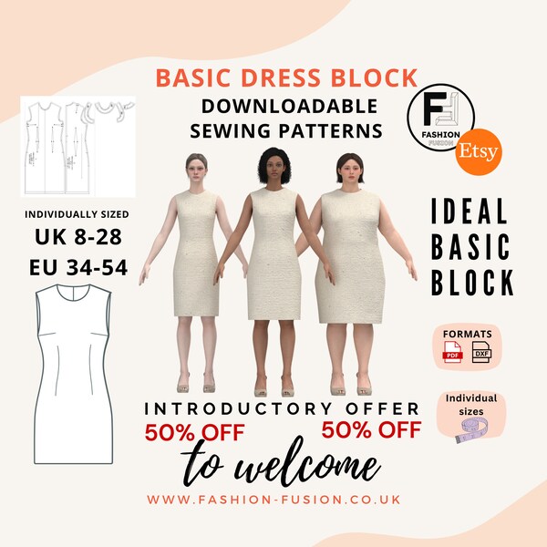 Essential Women's Dress Block, Digital Download Sewing Pattern, Includes DXF, PDF A4 + A0, 50% Introductory Offer, Sizes UK 8-28 Eu 34-54