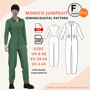 Monico Collared Jumpsuit - PDF/DXf Sewing Patterns - Instant Downloads - Sizes UK 8-28 Eu 34-54 US 4-24 - Pdf A4 + A0 + Sewing Instructions