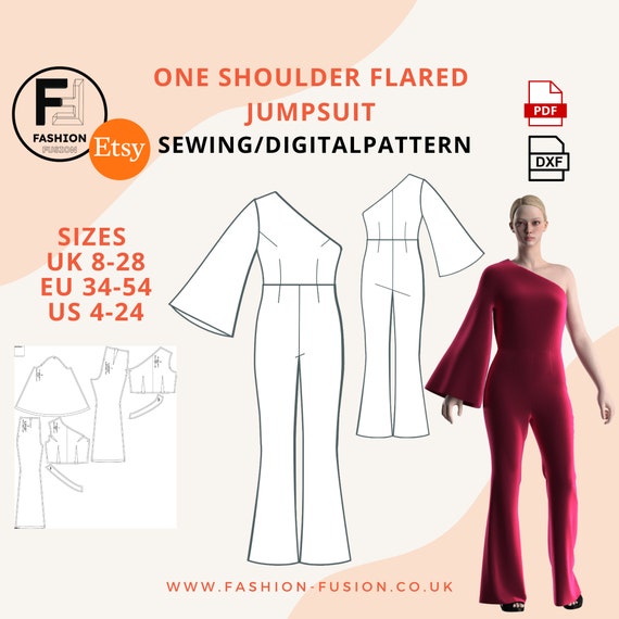 One Shoulder Flared Jumpsuit, Women's Sewing Pattern, Sizes