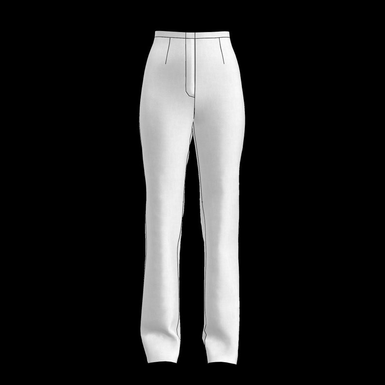 May include: White high-waisted pants with a straight leg silhouette.