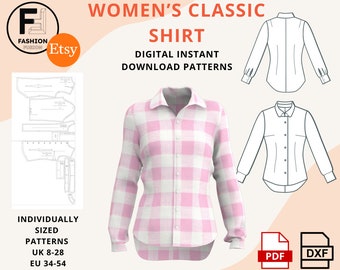 Women&#39;s Classic Shirt Pattern | Button Front Opening | Sizes UK 8-28 / EU 34-54 |Pdf A4 + A0 & DXF Instant downloadable Patterns