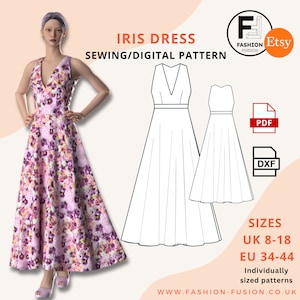 Iris Dress - Sewing Pattern - Size UK 8-18 EU 34-44 - Prom/Formal/Wedding/ PDF A4 + A0 & DXf files - clear sewing instructions